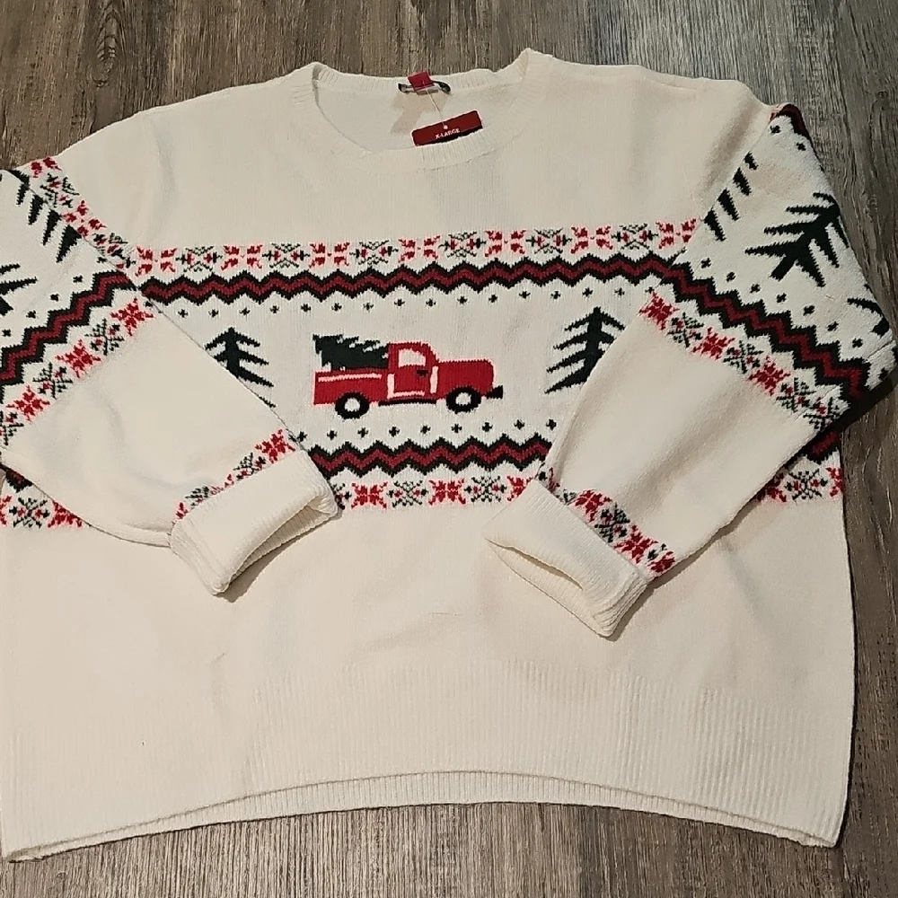 Vince Camuto Cream Sweater with Red Truck Design